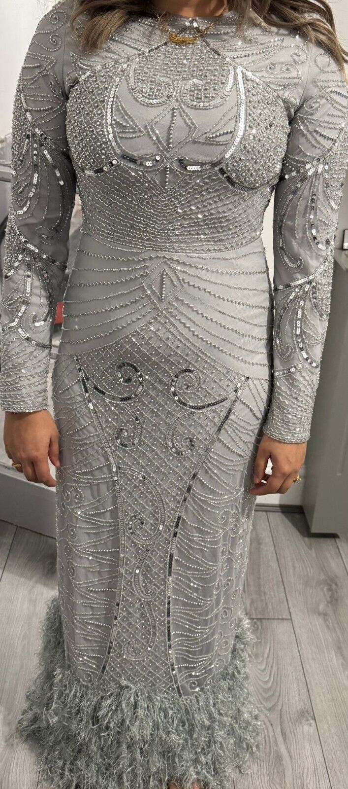 Silver Embellished Fur Dress With Long Sleeves Evening Party Maxi Size 10 (S)