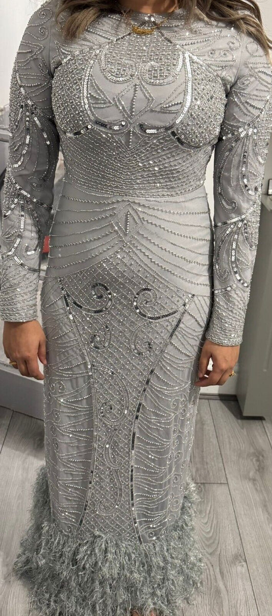 Silver Embellished Fur Dress With Long Sleeves Evening Party Maxi Size 10 (S)