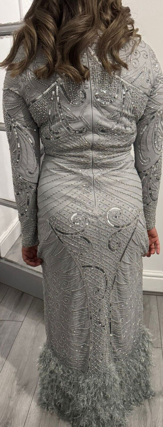 Silver Embellished Fur Dress With Long Sleeves Evening Party Maxi Size 10 (S)